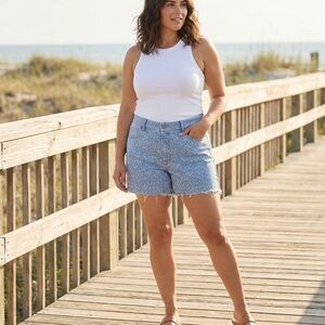 EXPRESS Original Midi High Rise Leopard Print Denim Shorts Size 12